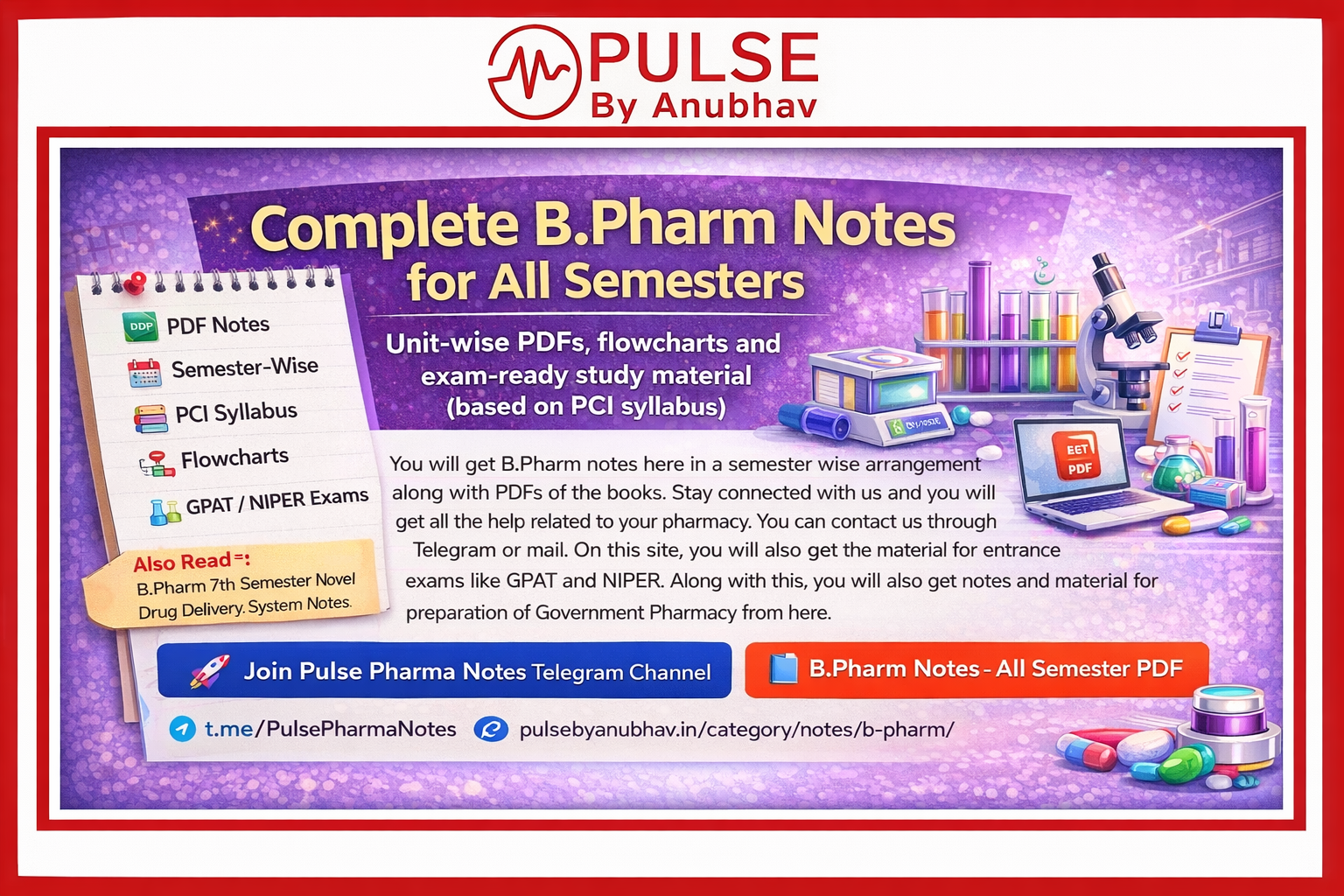 B.Pharm Notes – All Semester PDF Notes (PCI Syllabus) - Pulse By Anubhav