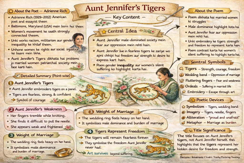 Aunt Jennifer's tigers notes
Aunt Jennifer's tigers poetic devices PDF
Class 12 English Aunt Jennifer's tigers Question Answers
Aunt Jennifer's Tigers about the poet
Aunt Jennifer's Tigers short summary
Aunt Jennifer's tigers Class 12 poetic devices
Aunt Jennifer's tigers stanza wise explanation
Aunt Jennifer's Tigers Project Class 12
Chapter 5 aunt jennifer's tigers summary
Chapter 5 aunt jennifer's tigers pdf
Aunt Jennifer's tigers Question Answer
Chapter 5 aunt jennifer's tigers questions and
Aunt Jennifer's Tigers Questions and answers pdf download
Aunt Jennifer's Tigers NCERT
Aunt Jennifer's tigers word meaning
Aunt Jennifer's tigers short Questions and Answers