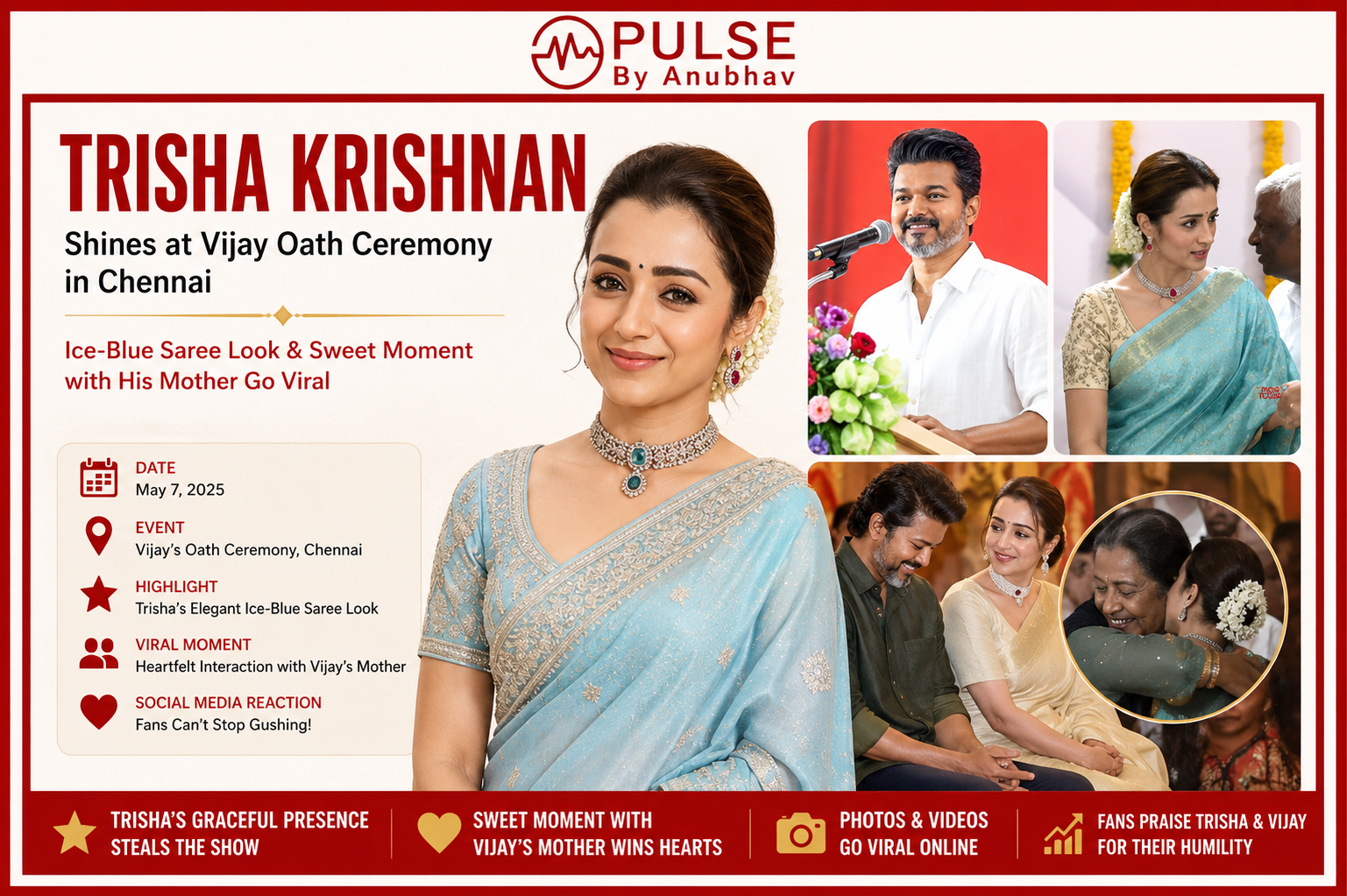 trisha krishnan vijay oath ceremony trisha krishnan vijay ceremony fashion instagram story swearing in ceremony vijay mother blue Trisha Krishnan Vijay oath ceremony Trisha Krishnan at Vijay swearing in Chennai Vijay Chief Minister oath ceremony Tamil Nadu Trisha Krishnan saree look oath ceremony Trisha greets Vijay mother viral moment TVK victory Tamil Nadu election results Vijay political entry and CM oath details Trisha Krishnan latest news 2026 Vijay and Trisha relationship rumours Trisha Krishnan Tirupati visit election day Tamil Nadu new CM Vijay full ceremony highlights Trisha Krishnan blue silk saree look