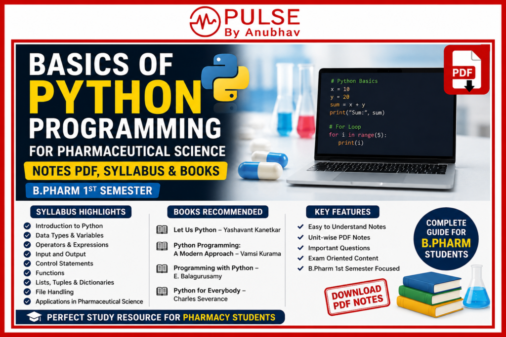 Python Programming Handwritten Notes PDF
Python notes for beginners PDF download
Python unit 1 Notes PDF
Python Notes PDF W3Schools
Python Notes for BCA 1st Semester PDF free download
Python Notes PDF for BCA
Python basic to advanced Notes PDF free download
Python Basics notes PDF
Basics of python programming for pharmaceutical science notes pdf free
Basics of python programming for pharmaceutical science notes pdf download
Python Programming Handwritten Notes PDF
Python programming PDF notes
Python notes for beginners PDF download
Python Notes PDF W3Schools
Python Notes PDF for BCA
Python Notes PDF IIT
Basics of Python Programming for Pharmaceutical Science notes PDF
B.Pharm Python Programming notes 1st semester
BP101T Python programming syllabus B.Pharm
Python for pharmacy students notes PDF free download
B.Pharm 1st semester Python notes unit wise
Basics of Python in pharmacy syllabus PDF
Pharmaceutical data analysis using Python notes
B.Pharm Python programming important questions
BP101T notes PDF download free
Python programming for pharma students PDF
NumPy Pandas notes for pharmacy students
Matplotlib pharmaceutical data visualization notes
B.Pharm updated syllabus 2026 Python subject
Pharmacy data science notes PDF
GPAT Python programming pharmacy questions