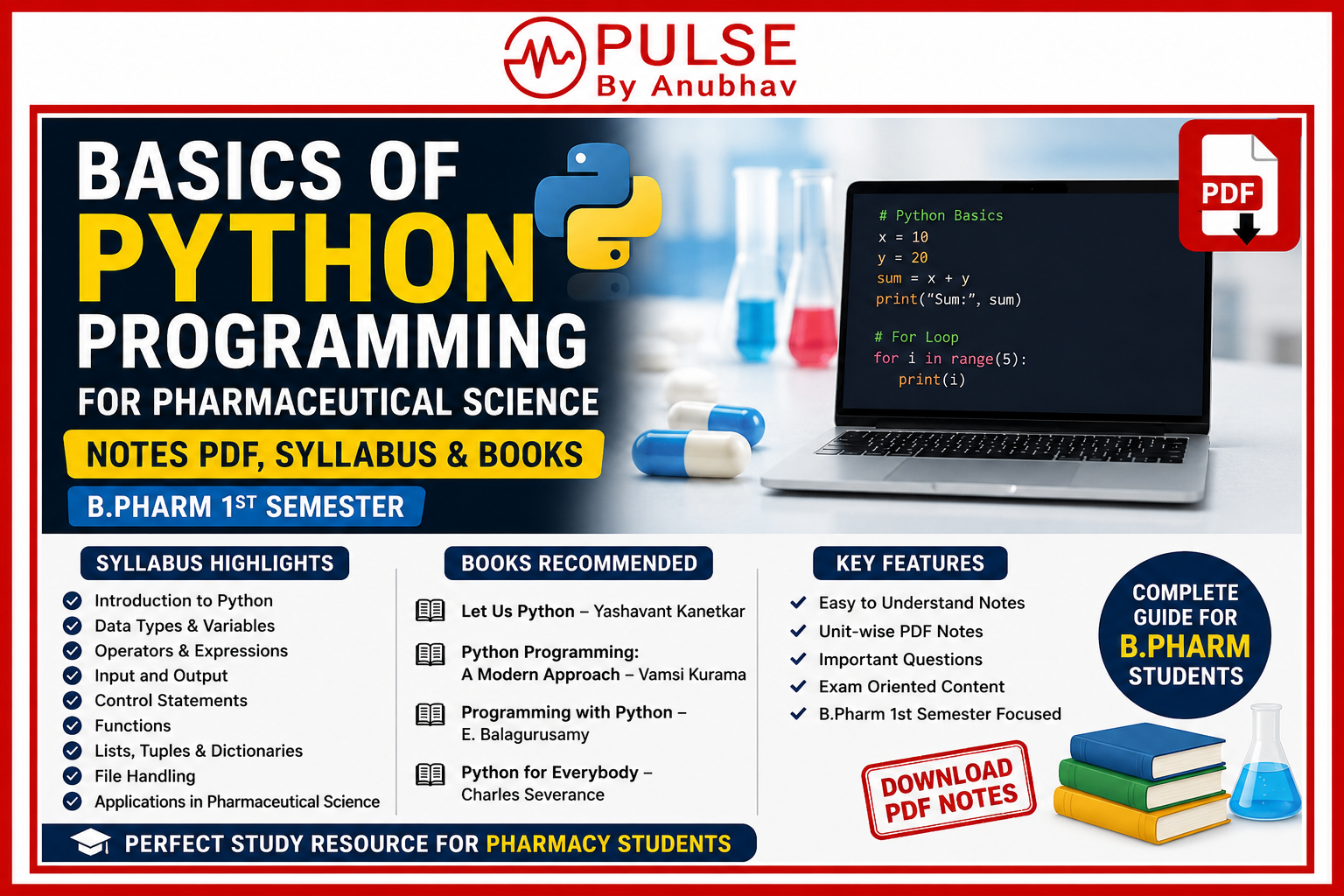 Python Programming Handwritten Notes PDF Python notes for beginners PDF download Python unit 1 Notes PDF Python Notes PDF W3Schools Python Notes for BCA 1st Semester PDF free download Python Notes PDF for BCA Python basic to advanced Notes PDF free download Python Basics notes PDF Basics of python programming for pharmaceutical science notes pdf free Basics of python programming for pharmaceutical science notes pdf download Python Programming Handwritten Notes PDF Python programming PDF notes Python notes for beginners PDF download Python Notes PDF W3Schools Python Notes PDF for BCA Python Notes PDF IIT Basics of Python Programming for Pharmaceutical Science notes PDF B.Pharm Python Programming notes 1st semester BP101T Python programming syllabus B.Pharm Python for pharmacy students notes PDF free download B.Pharm 1st semester Python notes unit wise Basics of Python in pharmacy syllabus PDF Pharmaceutical data analysis using Python notes B.Pharm Python programming important questions BP101T notes PDF download free Python programming for pharma students PDF NumPy Pandas notes for pharmacy students Matplotlib pharmaceutical data visualization notes B.Pharm updated syllabus 2026 Python subject Pharmacy data science notes PDF GPAT Python programming pharmacy questions