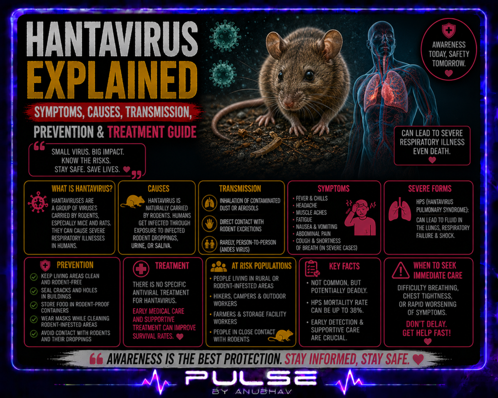 Hantavirus symptoms
Hantavirus treatment
Hantavirus Prevention
Hantavirus cases in India
How is hantavirus spread from person to person
How does hantavirus spread
Hantavirus map
Hantavirus cases in world
Henta Virus symptoms, Rodent virus infection, Hantavirus treatment medicine, Ribavirin uses, Hantavirus pulmonary syndrome, Rat virus symptoms, Viral infection from rodents, HFRS disease explained, Lung infection caused by rodents, Hantavirus prevention tips, Rare viral diseases, Rodent-borne disease symptoms, Dangerous virus spread by rats, Kidney complications viral infection, Pulse by Anubhav health updates