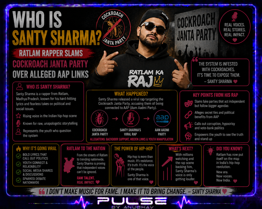 santy sharma news
santy sharma
rapper santy sharma cockroach janta party
santy sharma news
who is santy sharma
santy sharma rapper
santy sharma cockroach janta party
cockroach janta party controversy
santy sharma instagram post
ratlam rapper santy sharma
santy sharma latest news
cockroach janta party founder
abhijeet dipke news
santy sharma statement
santy sharma housefull 5
santy sharma reborn album
desi hip hop news india
viral political trends india
gen z internet trends india
online propaganda india
indian rapper viral news
santy sharma badshah controversy
pulse by anubhav