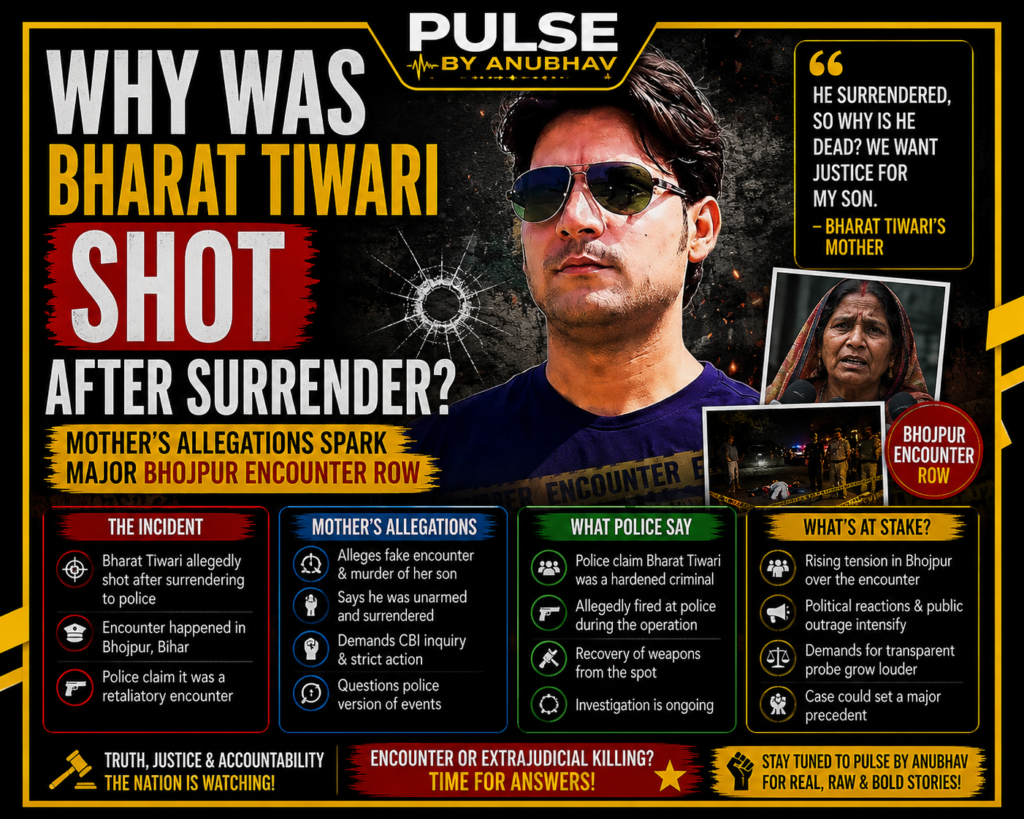 Bharat Tiwari encounter full story
Why was Bharat Tiwari shot after surrender
Bharat Tiwari Bhojpur encounter explained
Bharat Tiwari viral video
Bharat Tiwari Facebook Live video
Bharat Bhushan Tiwari death case
Bharat Tiwari encounter latest update
Bharat Tiwari family allegations
Bharat Tiwari mother statement
Bharat Tiwari surrender video
Bharat Tiwari fake encounter claims
Bhojpur encounter controversy
Bharat Tiwari encounter timeline
Bharat Tiwari police statement
Bharat Tiwari four bullets case
Billauti village Bharat Tiwari news
Why were four cops suspended in Bharat Tiwari case
Bharat Tiwari PMCH death update
Bihar Police Bharat Tiwari encounter
Bharat Tiwari investigation latest news
Mithilesh Tiwari on Bharat Tiwari encounter
Bharat Tiwari Bhojpur latest news
Bharat Tiwari protest and road block
Bharat Tiwari encounter truth
Bharat Tiwari case explained