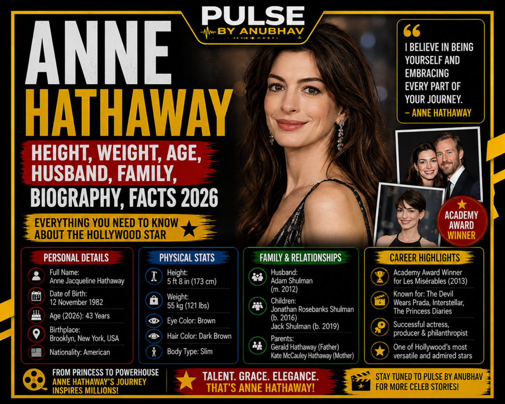 Anne Hathaway husband
Anne Hathaway children
Anne Hathaway age
Anne Hathaway weight 2026
Anne Hathaway husband age
Anne Hathaway weight and height
Anne Hathaway height and weight in kg
Anne Hathaway family