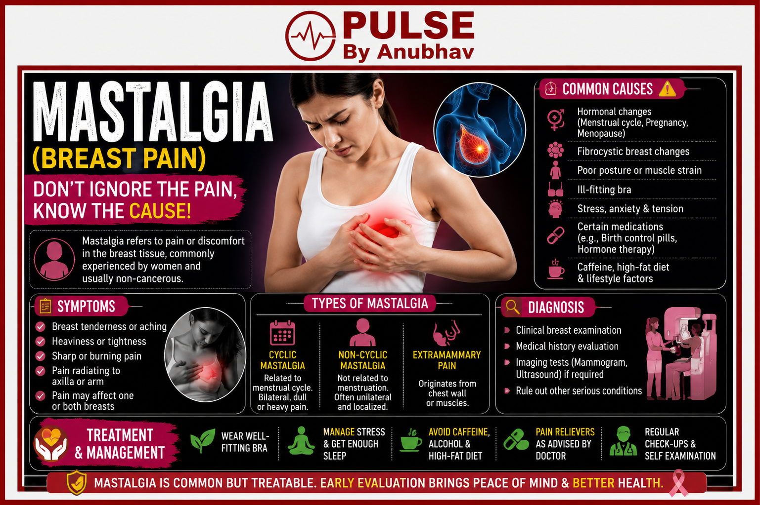 When to worry about breast pain Why does my breast hurt when I press it Mastalgia symptoms Mastalgia treatment Mastalgia symptoms in one breast What causes pricking pain in breast What is the best medicine for breast pain and swelling Quick remedy for breast pain