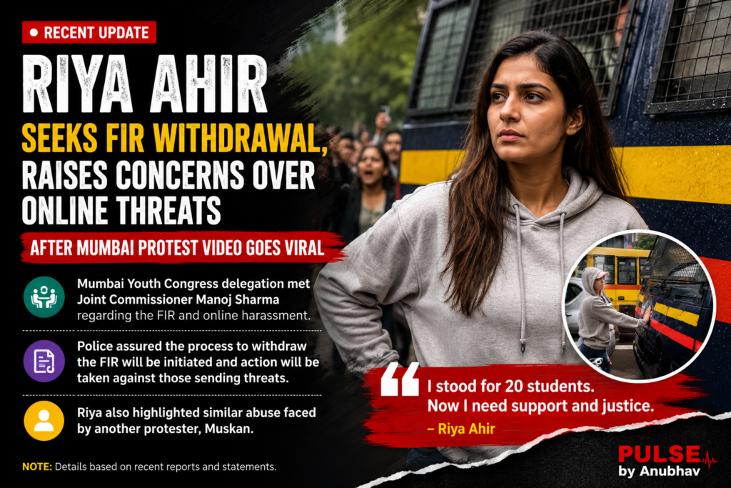 Riya Ahir standing in front of a Mumbai Police van during the NEET paper leak protest as she seeks FIR withdrawal and action over alleged online threats.